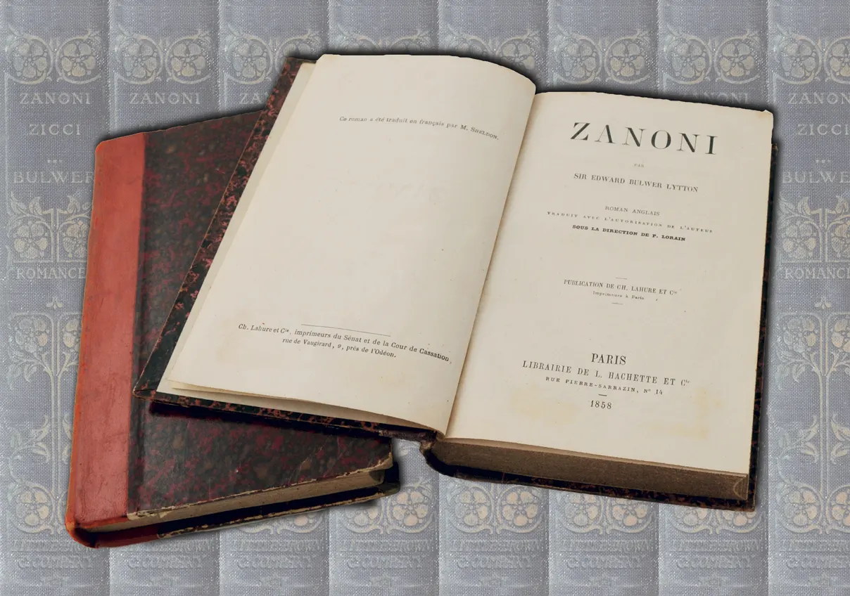 Page de garde de l'édition française de 1858 du roman Zanoni de Edward Bulwer Lytton